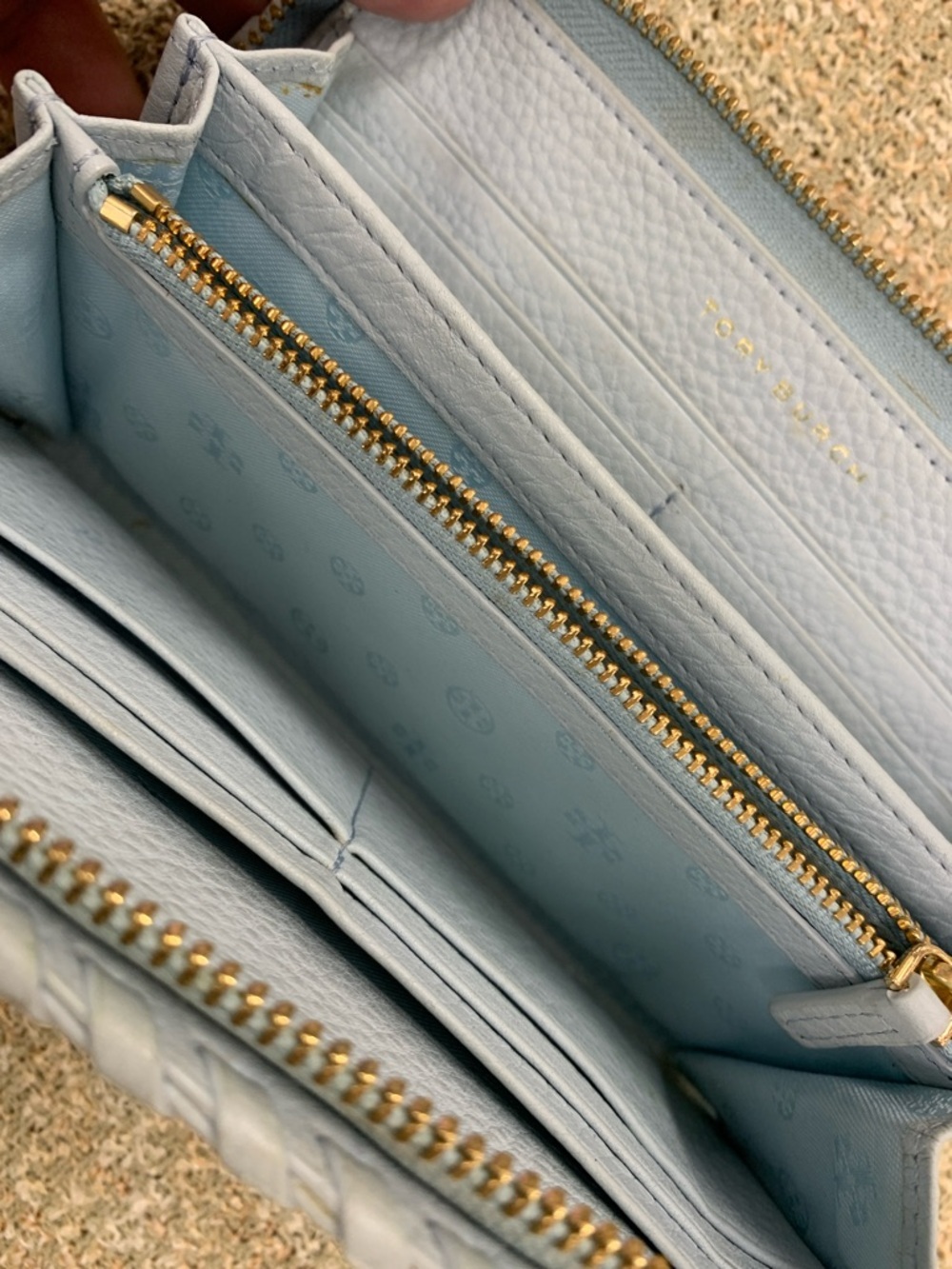 Tory Burch Light Blue-White Whipstitch Zip Wallet with Gold Hardware - Picture 3 of 6
